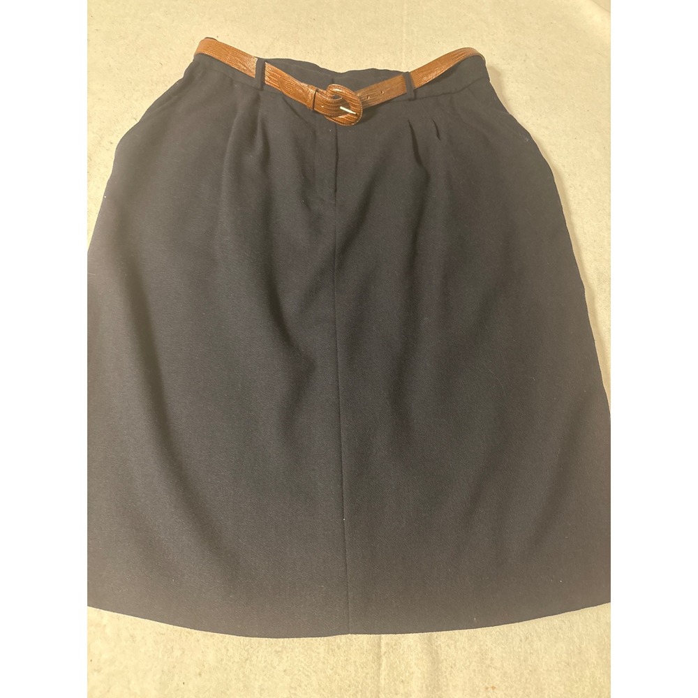 Evan-Picone Wool Skirt Women Size 18 Navy Blue Excellent Vintage Belted Midi